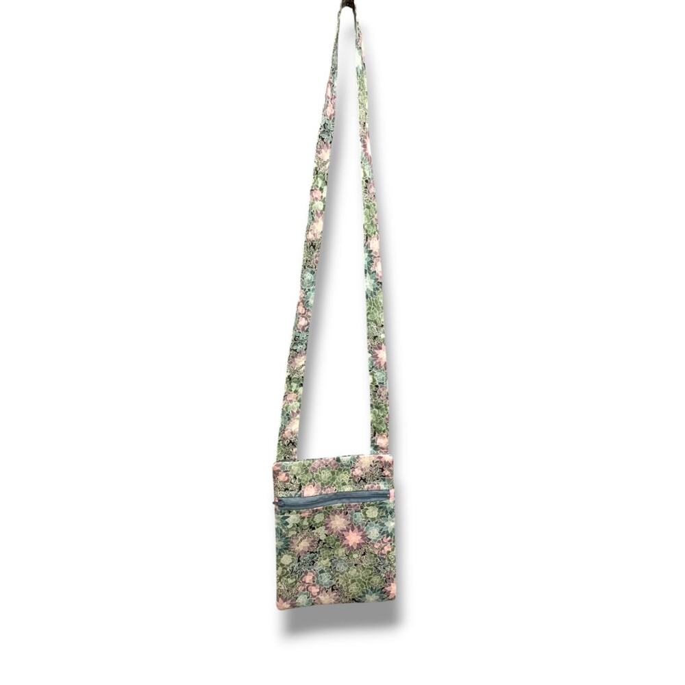 Floral Fabric Crossbody Bag Front Zip‎ Succulents Pastel